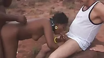 African slut gets tied and spanked before hardcore threesome action