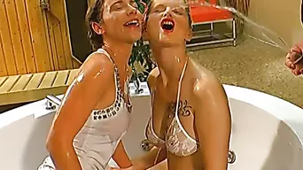 Filthy sluts get their pussies smashed after guys pissed all over them