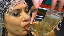European slut gets pussy and throat perkyd during bukkake sex party