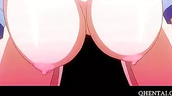 Pink haired Hentai girl fucks three shafts