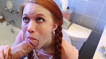 Dolly Little stuck in toilet and must suck cock