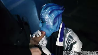 Blue alien has to make the dude with her sexy assets