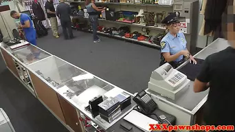 Real cop flashes her tits to pawnbroker for cash
