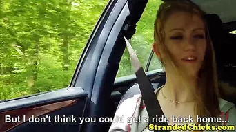 Hitchhiking teen amateur riding on cock