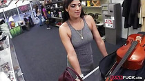 Brunette babe pawns her Cello and fucked at the pawnshop