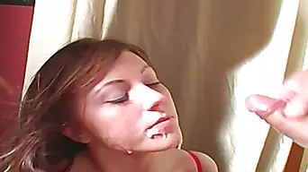 Horny redhead gets her load of cum on her slutty face