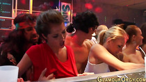 Busty babe banged at orgy