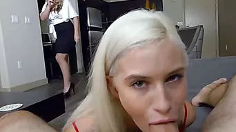 My stepsis blows me while our MILF stepmom spies on us