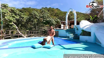 Sexy Spanish latina teen meet german tourist outdoor at Pool