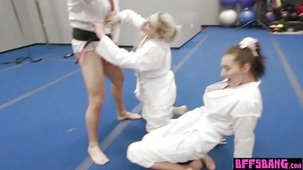 Teen karate hottie Bella Rolland and her BFFs struggling on a big cock