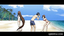 Two hentai girls fucked in 3some at the beach