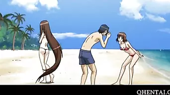 Two hentai girls fucked in 3some at the beach