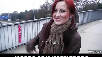Czech redhead is paid cash to flash and suck dick in public