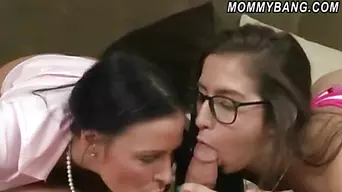 Busty stepmom and teen in glasses 3some