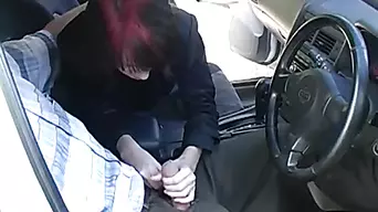 Redhead whore girl gives hot head in the car