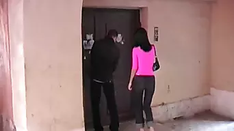Lusty girl gives head and fucks in the porch