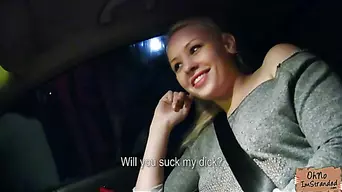 Sexy Russian blonde hitch hikes her way home and has sex in car