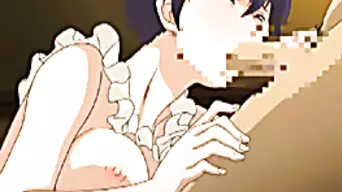 Japanese maid hentai virgin sucking dick and poking from behind