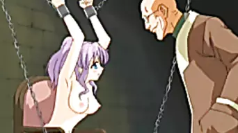 Chained hentai cutie gets vibrator by bald guy