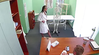Naughty hot brunette trainee gets trained by the doctor and gets pussy nailed